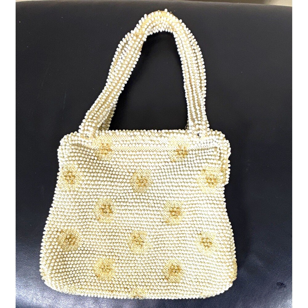 Vintage Style Ivory White Beaded Evening Purse Gold Floral Bridal Handbag